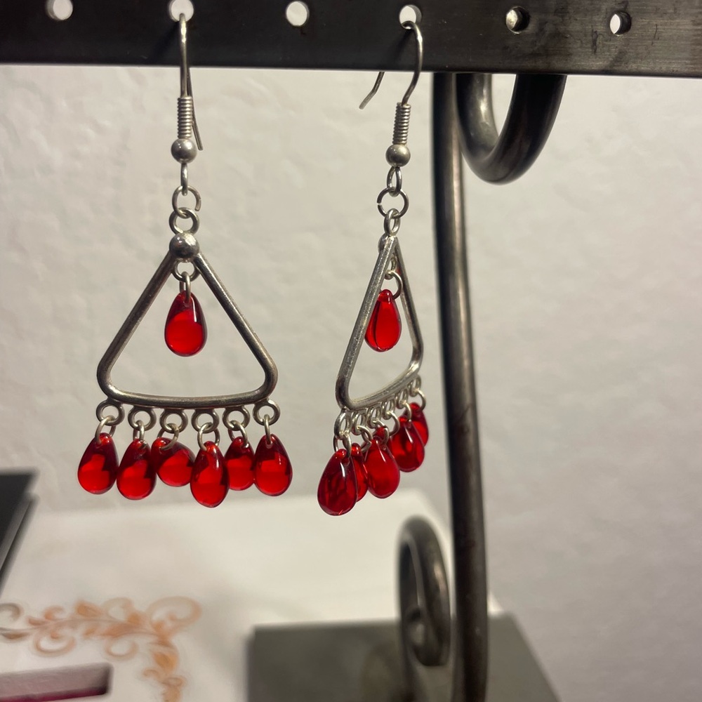 Silver and Red Bohemian Earrings with Teardrop Beads